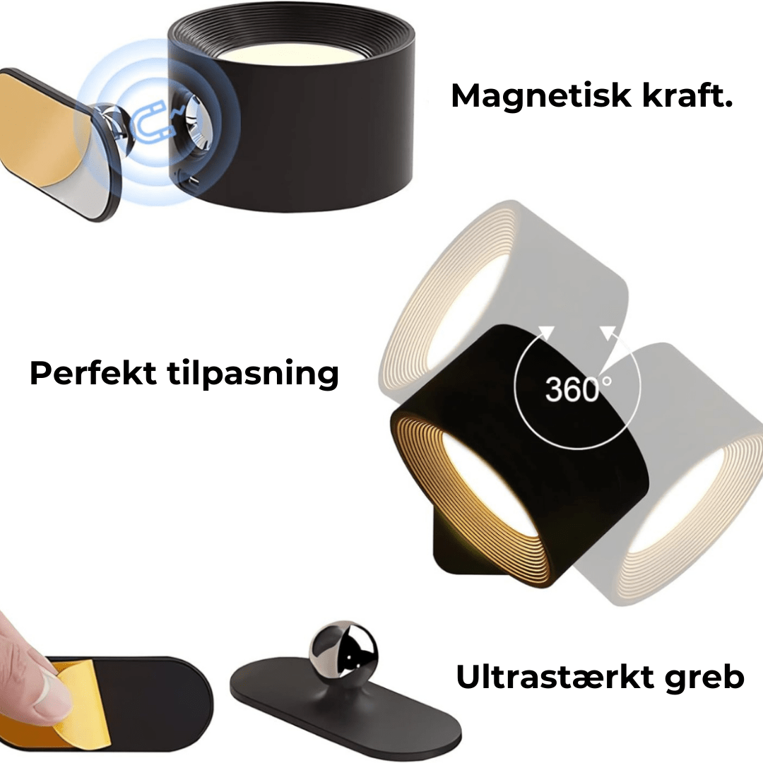 "Flexlight 360° trådløs væglampe; hvid, stilfuld design, USB-opladning, drejbar for fleksibel belysning i hjemmet."