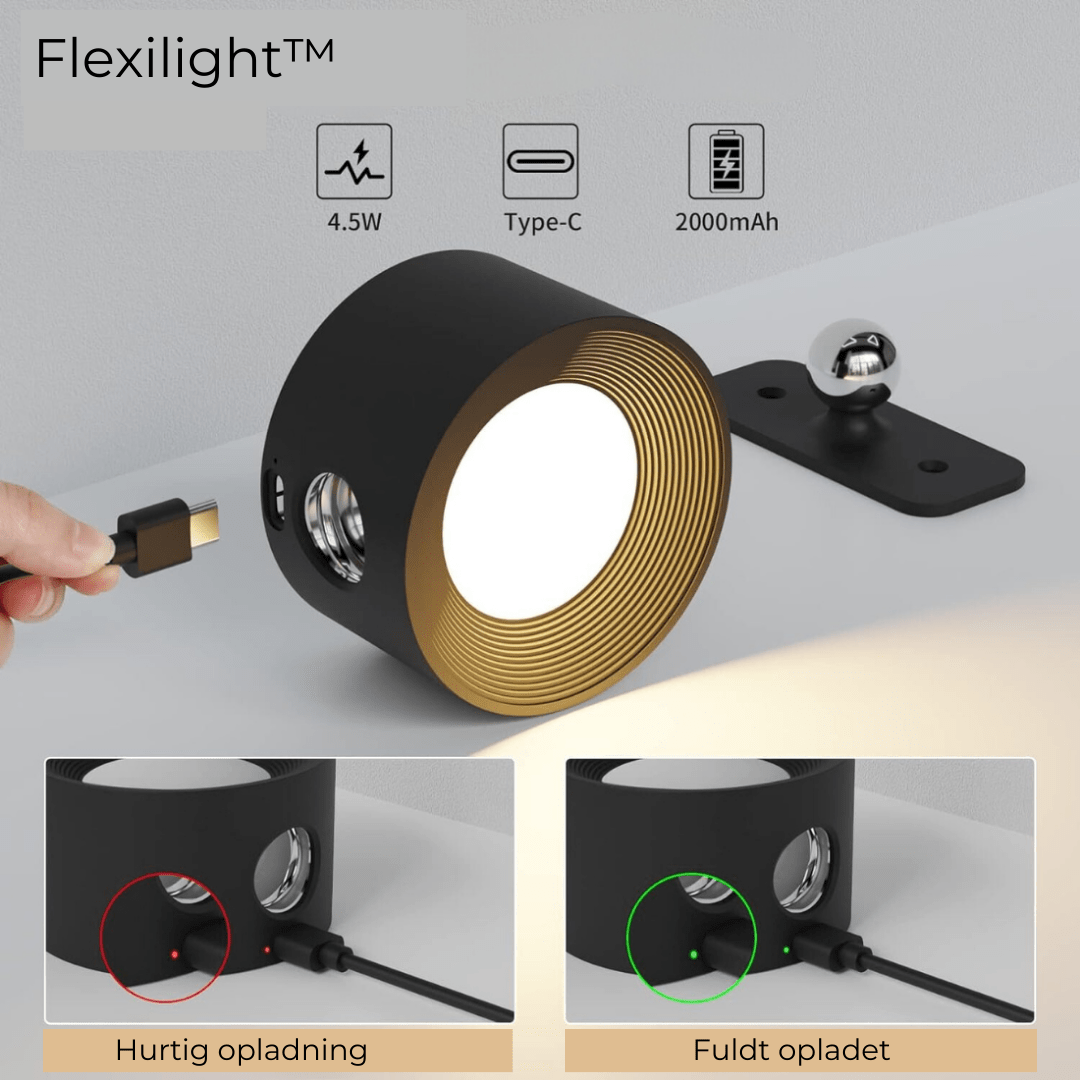 "Flexlight 360° trådløs væglampe; hvid, stilfuld design, USB-opladning, drejbar for fleksibel belysning i hjemmet."