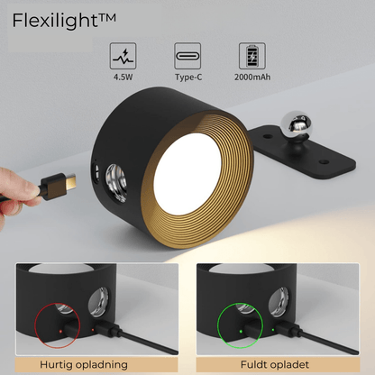 "Flexlight 360° trådløs væglampe; hvid, stilfuld design, USB-opladning, drejbar for fleksibel belysning i hjemmet."