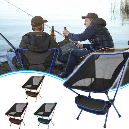 "Foldbar UltraLightChair i letvægtigt design, perfekt til camping og udendørsbrug, blå netstof og robuste stålstænger."