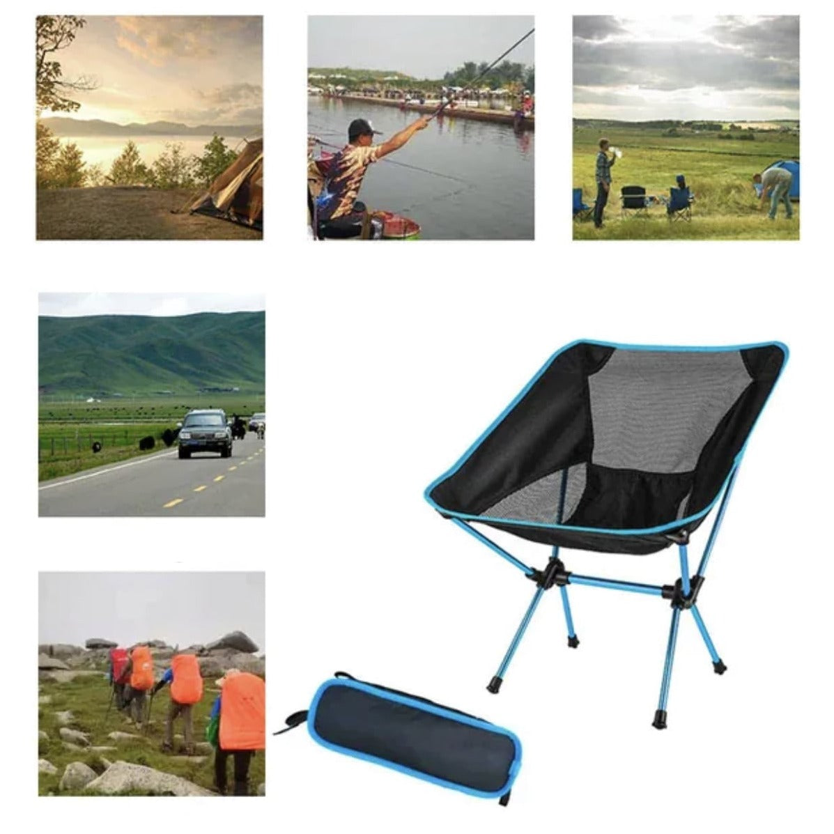 "Foldbar UltraLightChair i letvægtigt design, perfekt til camping og udendørsbrug, blå netstof og robuste stålstænger."