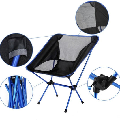 "Foldbar UltraLightChair i letvægtigt design, perfekt til camping og udendørsbrug, blå netstof og robuste stålstænger."