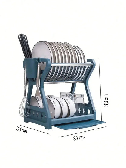 "Foldbart opvaskestativ i beige, blå eller sort, pladsbesparende og elegant til organisering af køkkenartikler."