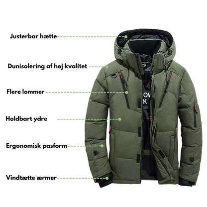 "Grøn vinterdunjakke med termisk foring, vand- og vindafvisende, elegant design til mænd og kvinder, justerbar hætte."