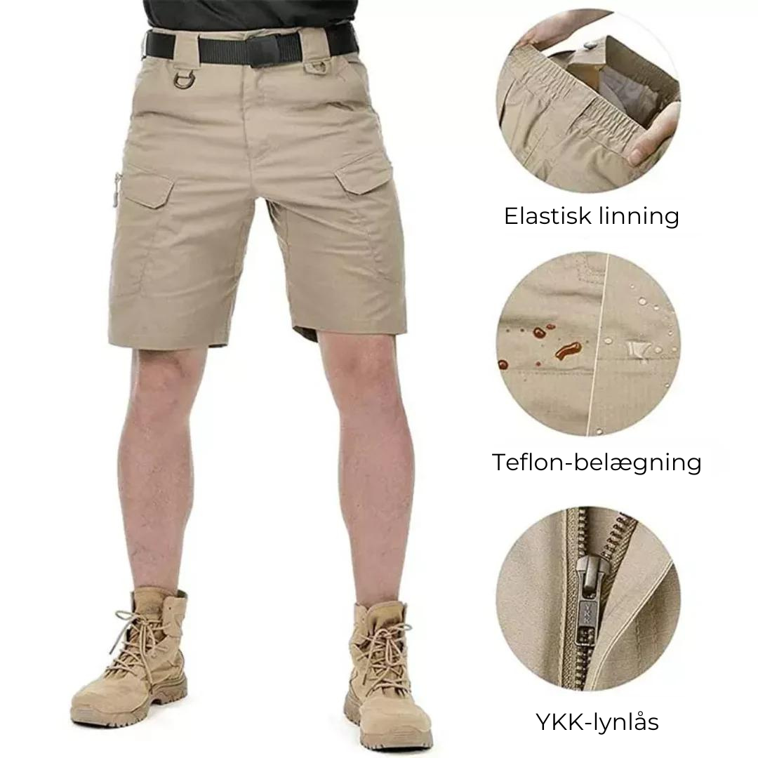 Grønne outdoor cargo shorts til mænd, holdbart polyester med lynlåslommer, perfekt til udendørs eventyr.