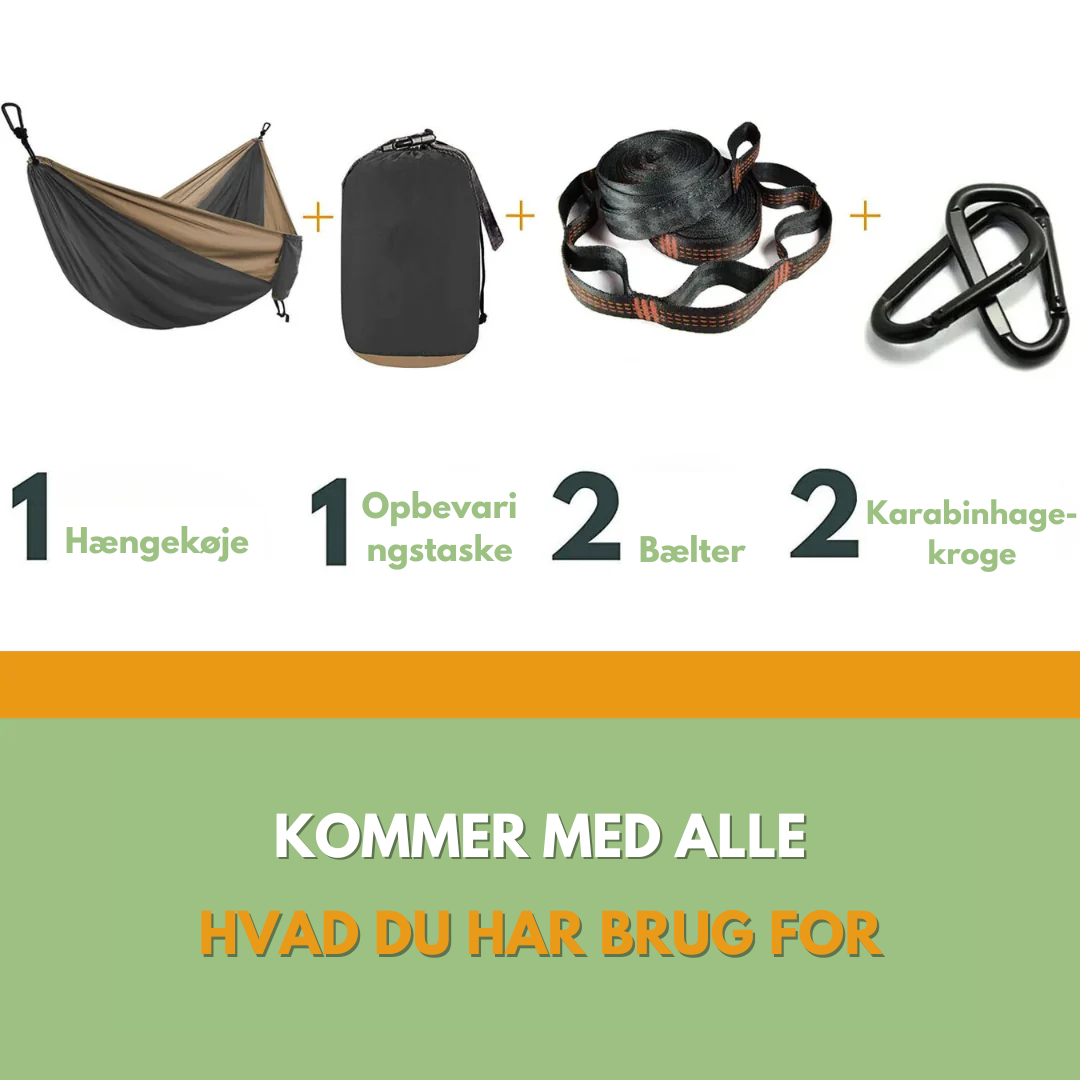 "Hængekøje af faldskærmsstof i skov, bæretaske inkluderet, let og holdbar, perfekt til outdoor afslapning."