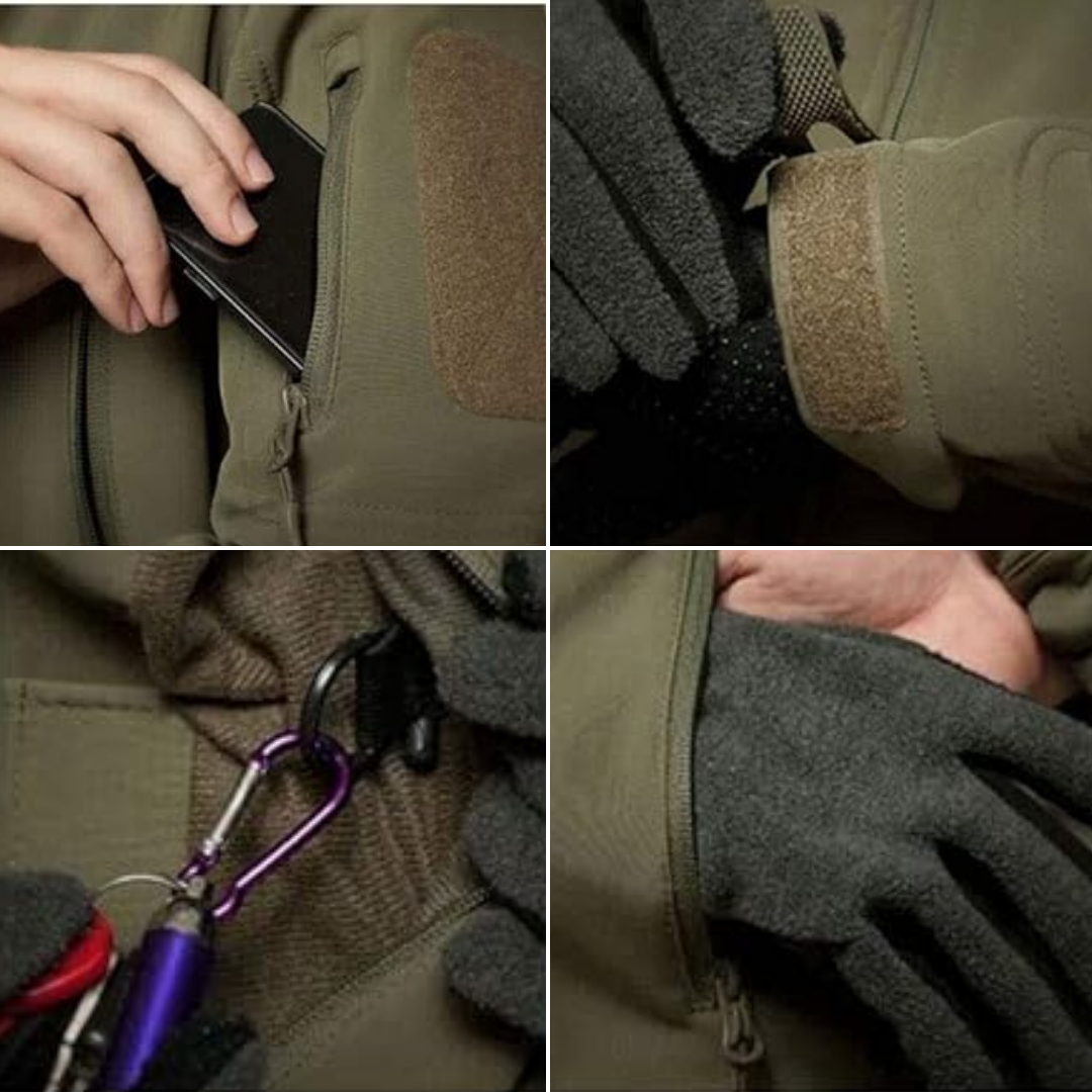 "Herre softshell-jakke, vindtæt og vandtæt, med termisk fleeceforing og moderne udendørs design i sort."