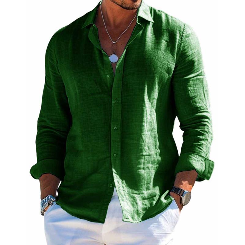 Herreskjorte i bomuld-linned, ensfarvet, klassisk krave, elegant stil, perfekt til arbejde og middag, tidløs elegance.