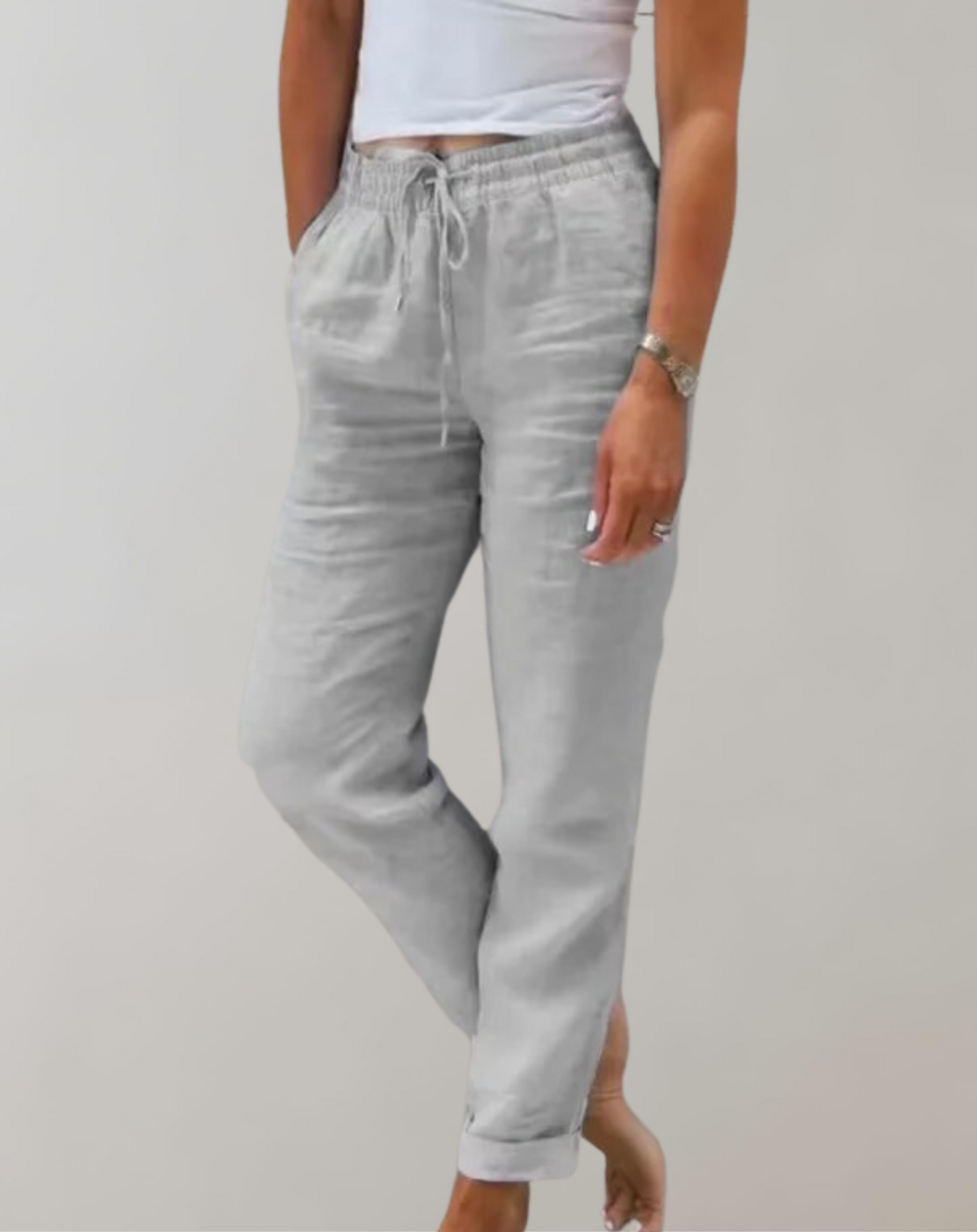 "Højtaljede brede-ben bukser til kvinder i blødt materiale, elegant pasform, lysegrå farve, ideel til både arbejde og fritid.