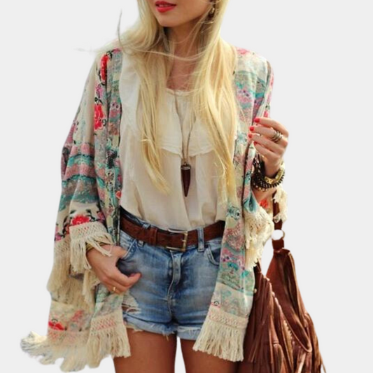 Hvid boheme løstsiddende cardigan med blomsterdesign, feminin pasform, XS-XL. Perfekt til kolde udendørs begivenheder.