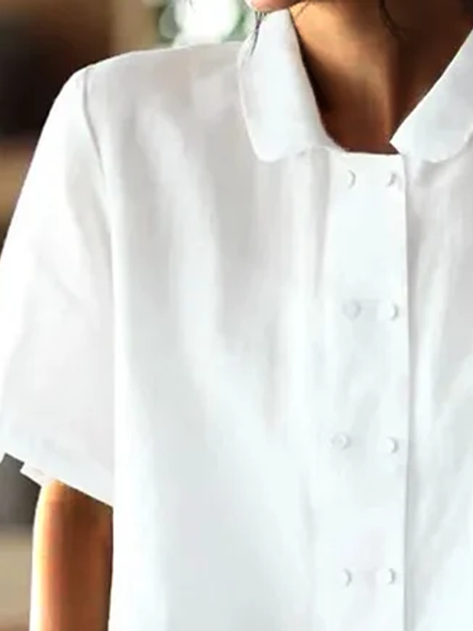 "Hvid løstsiddende bluse i bomuld og hør med korte ærmer, elegant og luftigt design for alsidig sommertøjstil."