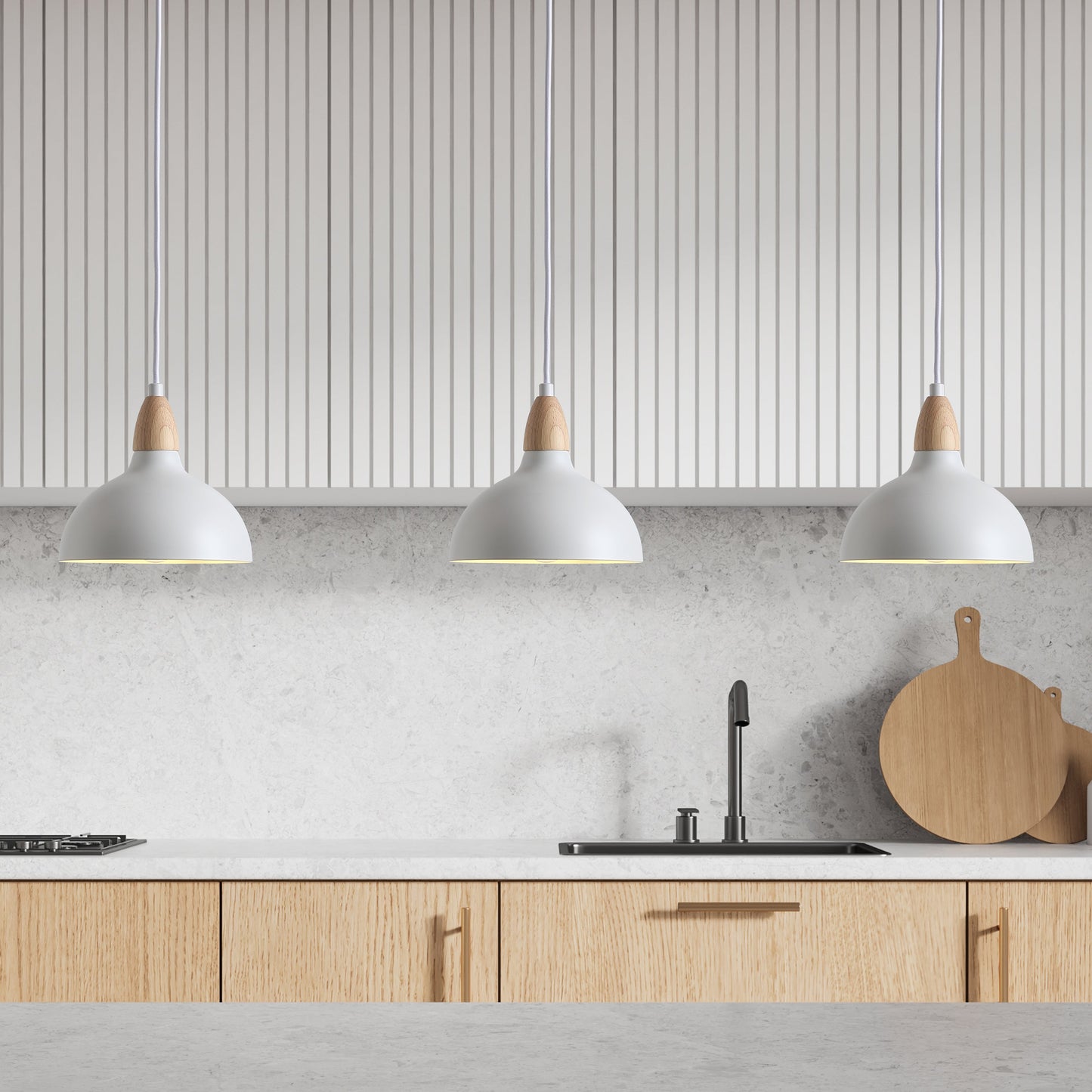 "Hvid Oak pendel lampeskærm Ø19 med minimalistisk design og naturlige trædetaljer til moderne hjem"