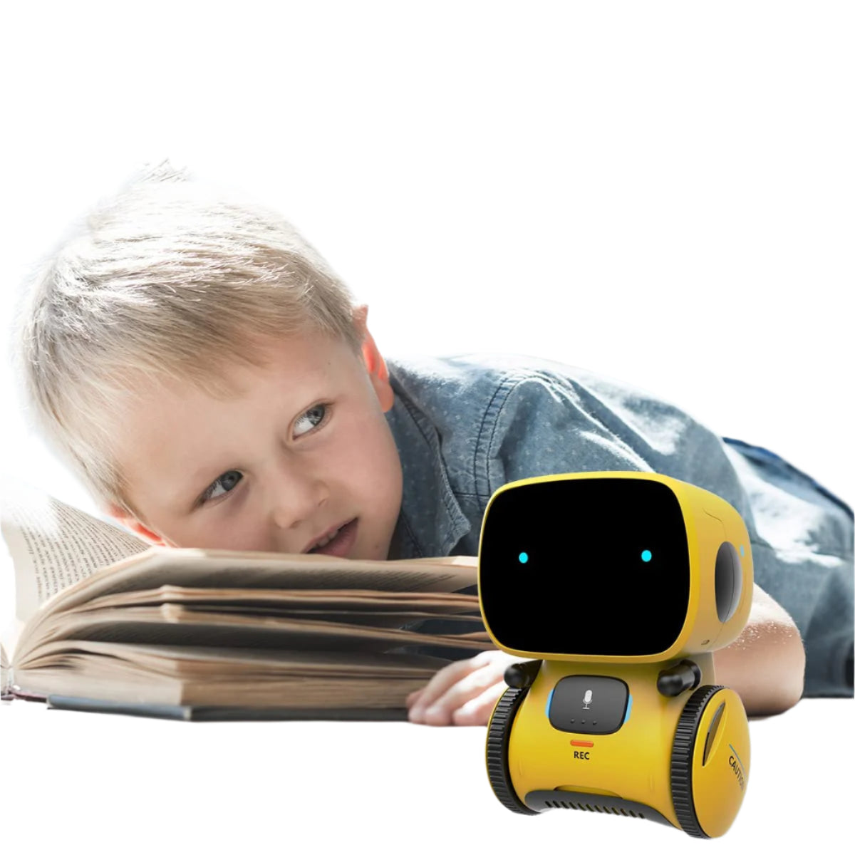 "Interaktiv dansende robot til børn, hvid og blå, synger og reagerer på stemmer, fremmer læring og leg, børnesikker."