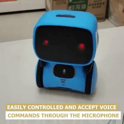 "Interaktiv dansende robot til børn, hvid og blå, synger og reagerer på stemmer, fremmer læring og leg, børnesikker."