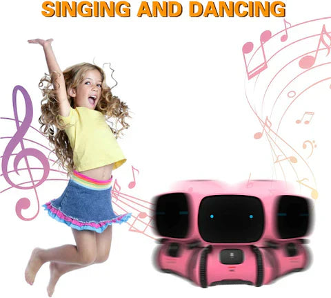 "Interaktiv dansende robot til børn, hvid og blå, synger og reagerer på stemmer, fremmer læring og leg, børnesikker."