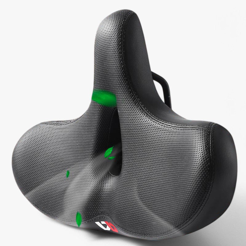 "Komfortabel cykelpude med tyk skum, ergonomisk design, sort farve, egnet til lange cykelture for øget komfort."