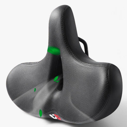 "Komfortabel cykelpude med tyk skum, ergonomisk design, sort farve, egnet til lange cykelture for øget komfort."