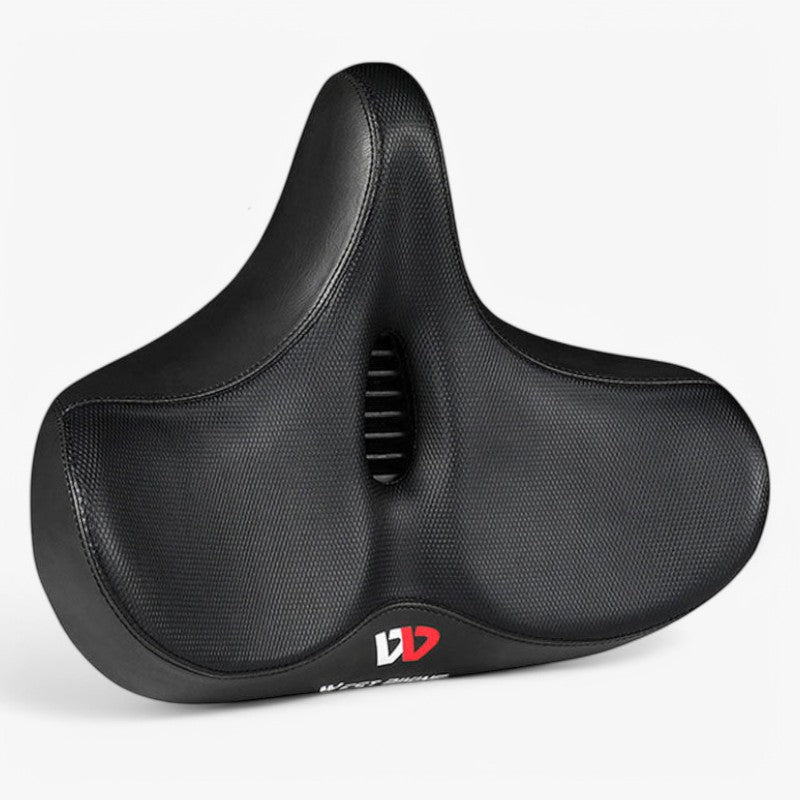 "Komfortabel cykelpude med tyk skum, ergonomisk design, sort farve, egnet til lange cykelture for øget komfort."