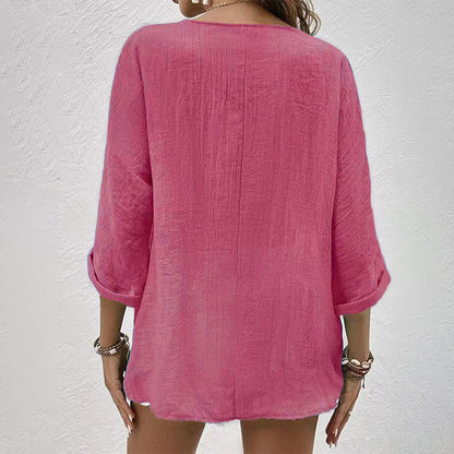 "Komfortabel dame V-hals t-shirt i blød bomuld, vist i blå, grå, grøn, khaki, lilla, rosa nuancer, elegant hverdagstøj"