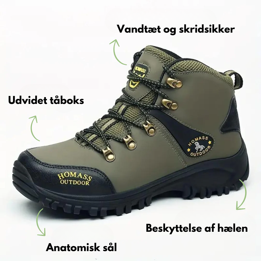 "Komfortabel herrer vandresko, slidstærk og vandtæt, med svangstøtte og bred tåboks til lange gåture."