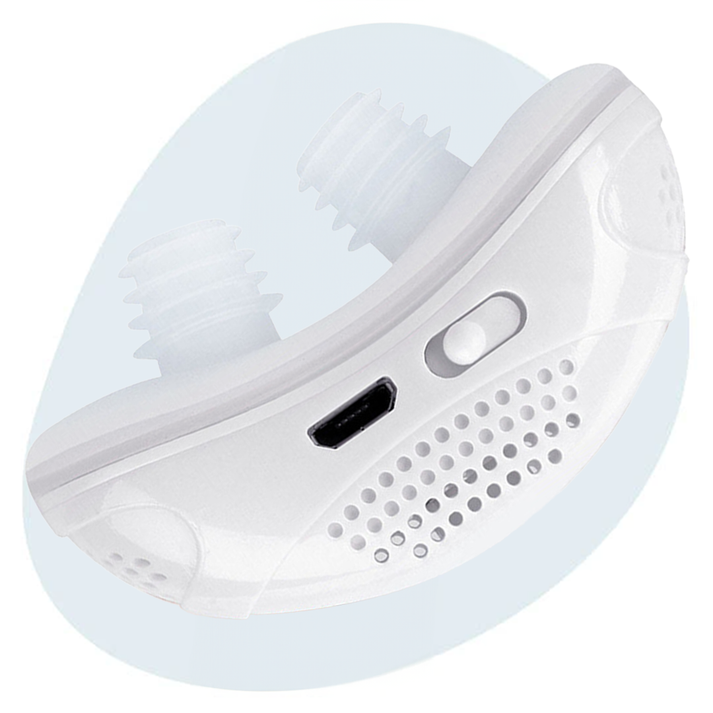 "Kompakt micro CPAP-maskine mod søvnapnø, hvid og blå enhed, stille drift for bedre nattesøvn og nem betjening."