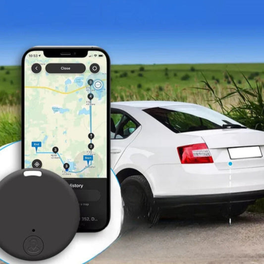 Kompakt, rund GPS-tracker med hul til fastgørelse; ideel til nøgler, tasker og kæledyr; leverer nøjagtige realtidsopdateringe