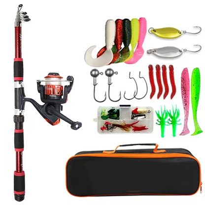 "Komplet teleskopisk fiskestangssæt til udendørs brug, inkl. robuste kroge og opbevaringsboks, ideel til alle lystfiskere."