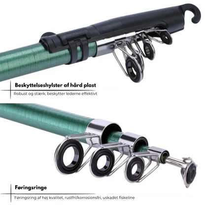 "Komplet teleskopisk fiskestangssæt til udendørs brug, inkl. robuste kroge og opbevaringsboks, ideel til alle lystfiskere."