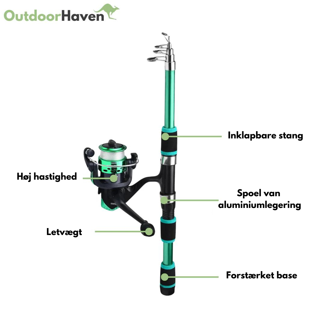 "Komplet teleskopisk fiskestangssæt til udendørs brug, inkl. robuste kroge og opbevaringsboks, ideel til alle lystfiskere."