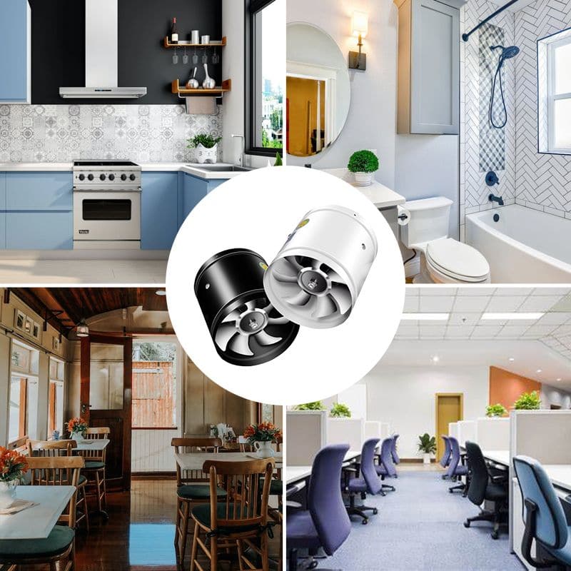 "Kraftig udsugningsventilator i hvid, seks-bladet design, forbedrer luftkvalitet og er støjsvag, perfekt til hjemmet"