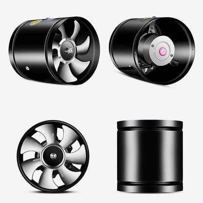 "Kraftig udsugningsventilator i hvid, seks-bladet design, forbedrer luftkvalitet og er støjsvag, perfekt til hjemmet"