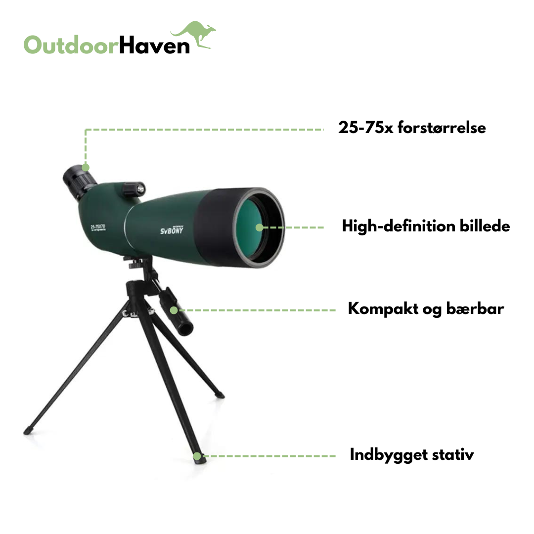 "Kraftigt teleskop med 25-75x zoom og BAK4 FMC, stort 70 mm objektiv, perfekt til fuglekiggeri og stjernekig"