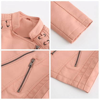 "Læderjakke i ægte brun læder set bagfra med ståkrave og symmetrisk lynlås, elegant og funktionel"