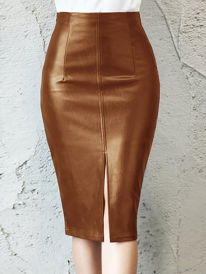 "Lædernederdel med høj talje og slids i sort kunstlæder, elegant design til enhver lejlighed. Moderne og sofistikeret stil."