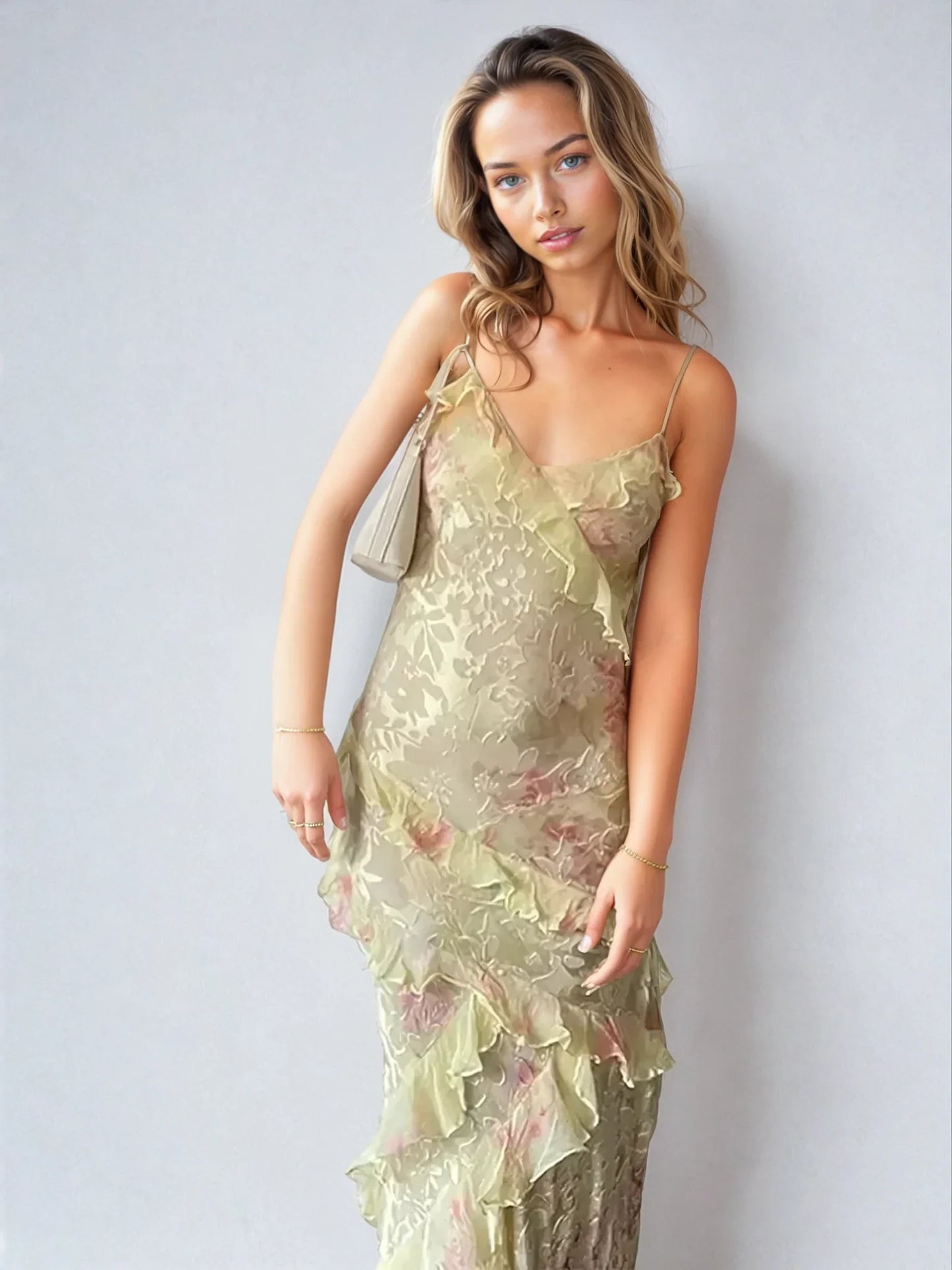 "Lang pastelfarvet sommerkjole i mesh, V-udskæring, tynde stropper og rynkede detaljer for elegant look."