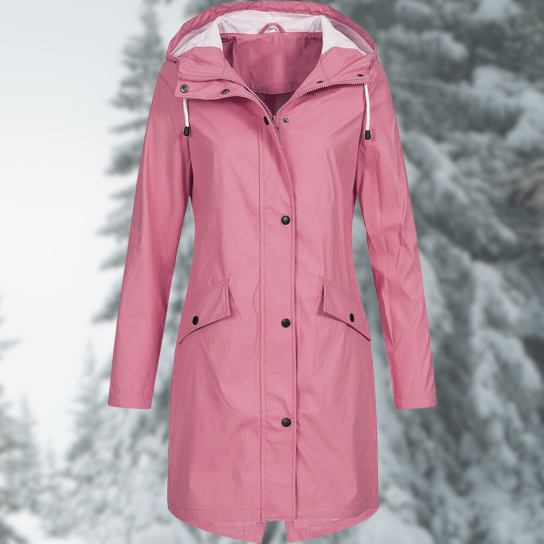 Lang regnfrakke, i mørkegrøn nuance, vandtæt og elegant design, lang silhuet for beskyttelse mod regn og blæst.