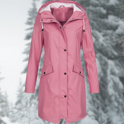 Lang regnfrakke, i mørkegrøn nuance, vandtæt og elegant design, lang silhuet for beskyttelse mod regn og blæst.