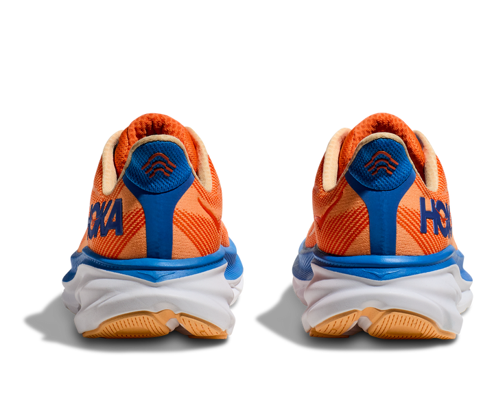 Lette herresko i grå og blå med hvid sål, Hoka Clifton 9, designet til optimal komfort og stødabsorbering.