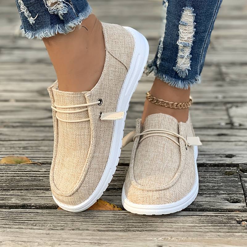 Letvægts loafers i stilfuldt hørlook, åndbart materiale, beige tone, casual og komfortabelt design til kvinder.