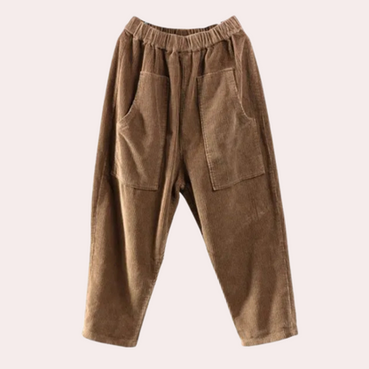 Løse fløjlsbukser til kvinder i sort, kaki og rød; blødt og slidstærkt kordstof; elegant til hverdag og fest.