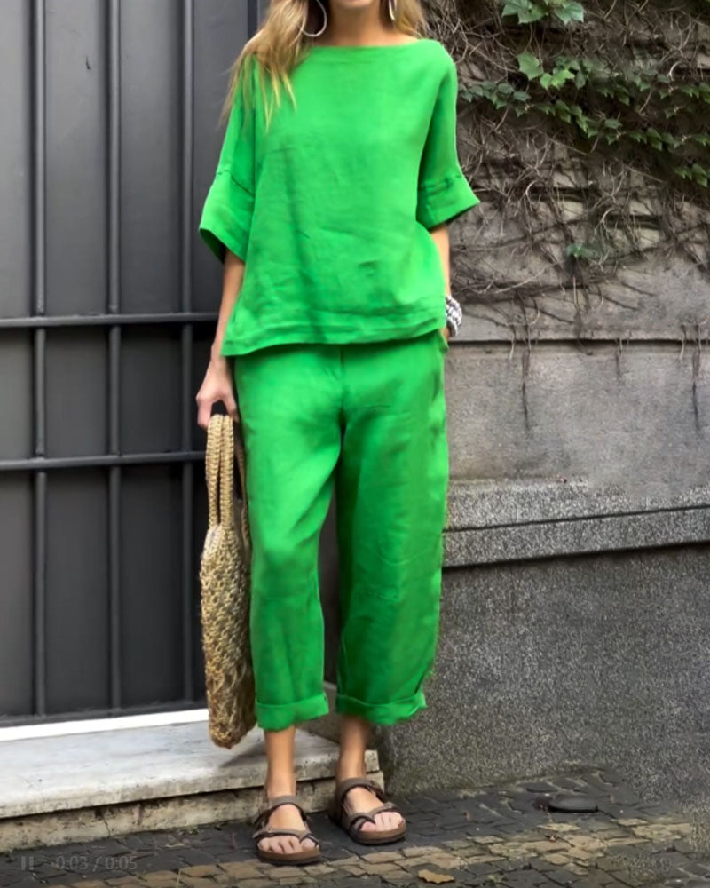 "Løst fit buksedragt sæt i grøn, komfortabel loungewear med korte ærmer og elastisk talje, ideel til afslappede stunder."