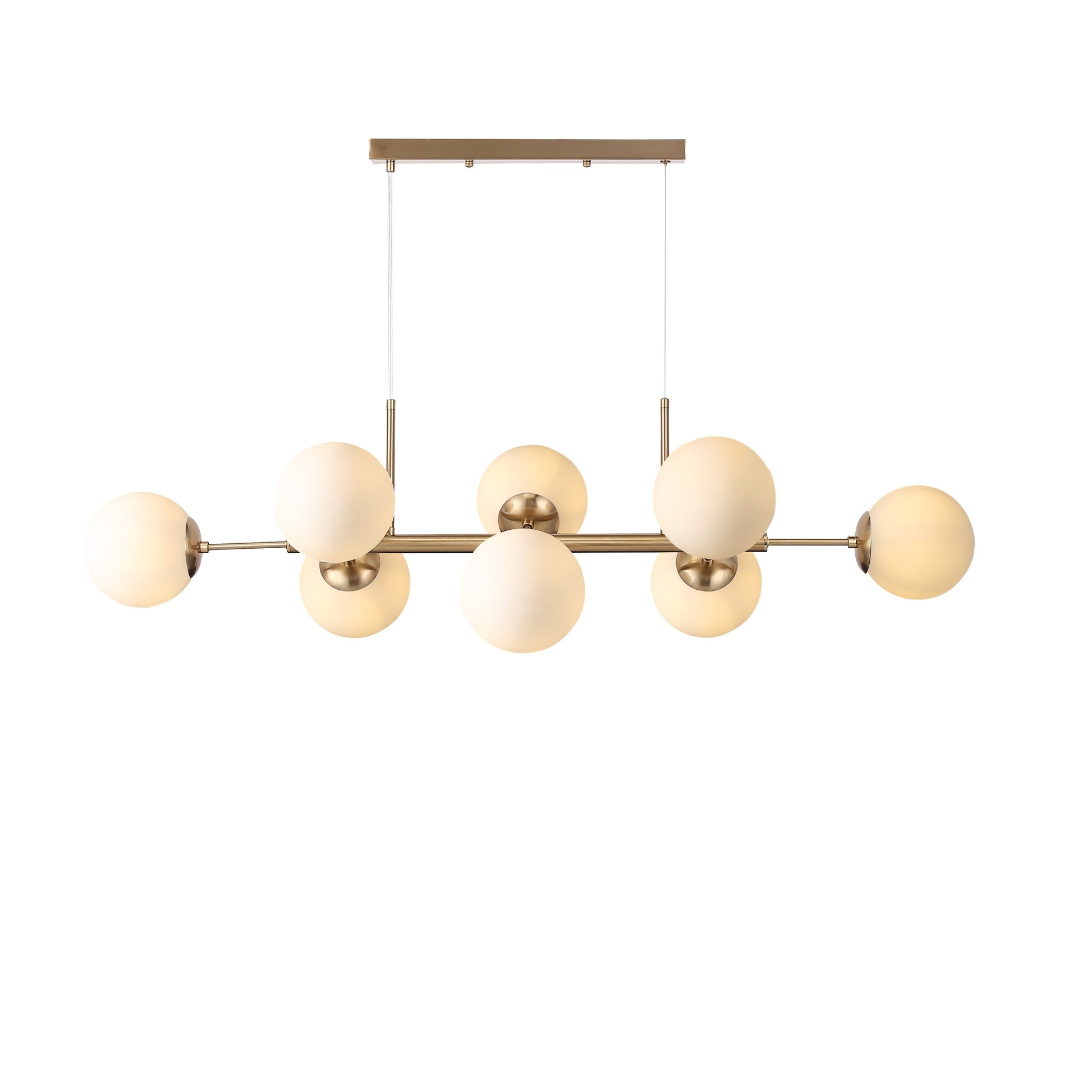 "Lugano langbordspendel i messing, otte opalglaskupler, elegant lys over spisebord eller stue, justerbar højde"