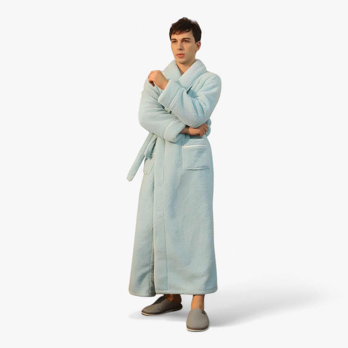 "Luksus Jessy badekåbe i blødt, åndbart materiale med justerbart bælte, velegnet til både kvinder og mænd."