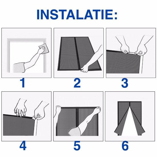 "Magnetisk hængseldør med automatisk lukning, sort netdesign, nem installation, holder insekter ude."