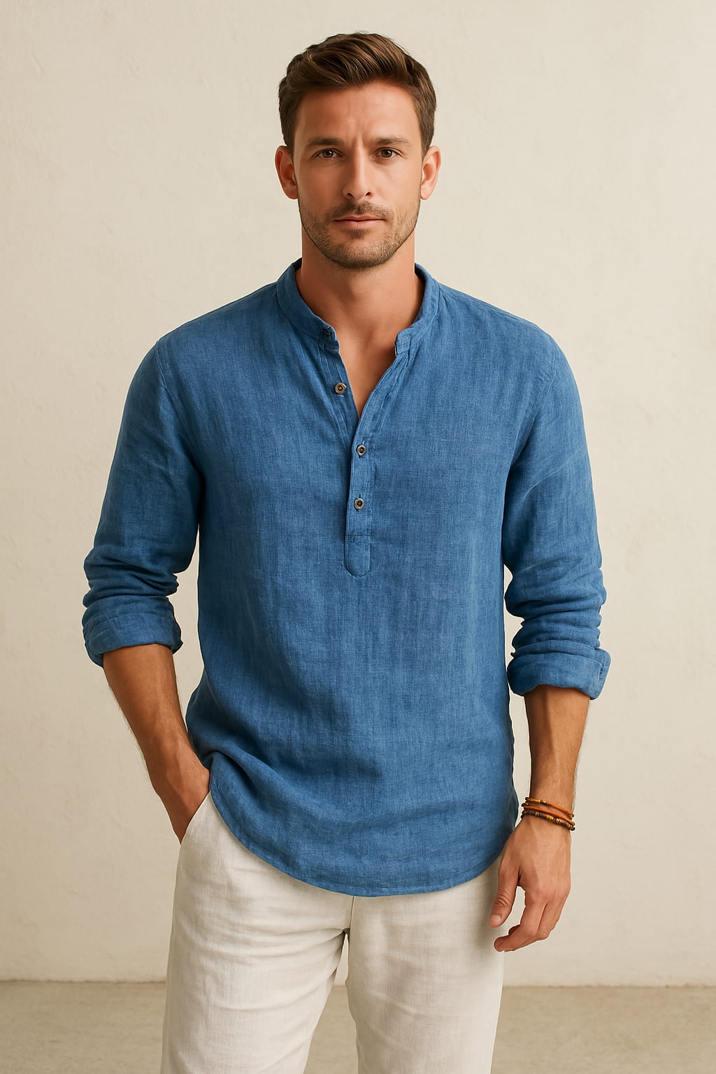 "Marine linnen skjorte til mænd med knap-ned krave, åndbar og let. Ideel til sommer, afslappet eller formel brug."