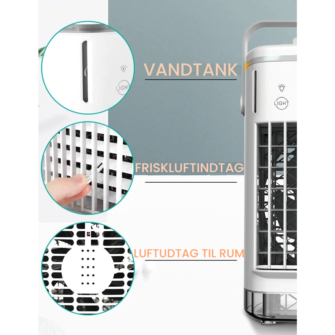 Mini bærbar klimaanlæg med multifunktion, kompakt design og LED-lys. Ideel til både hjem og rejser.