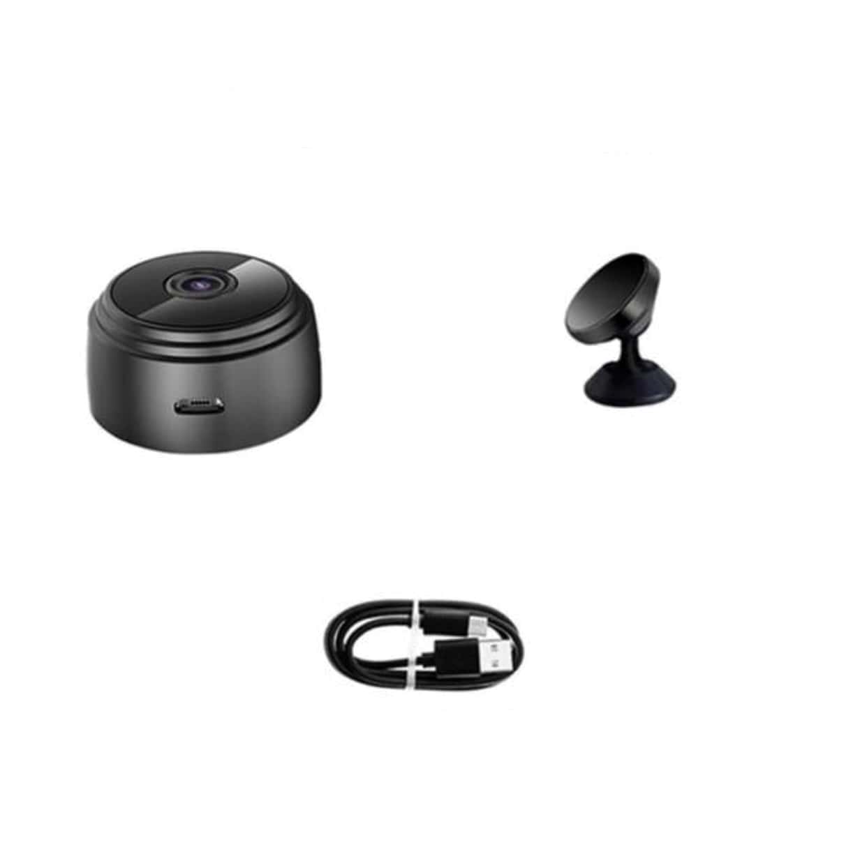 "Mini HD WiFi-kamera med 360° visning og diskret design i sort, passer perfekt til hjemmets sikkerhed."