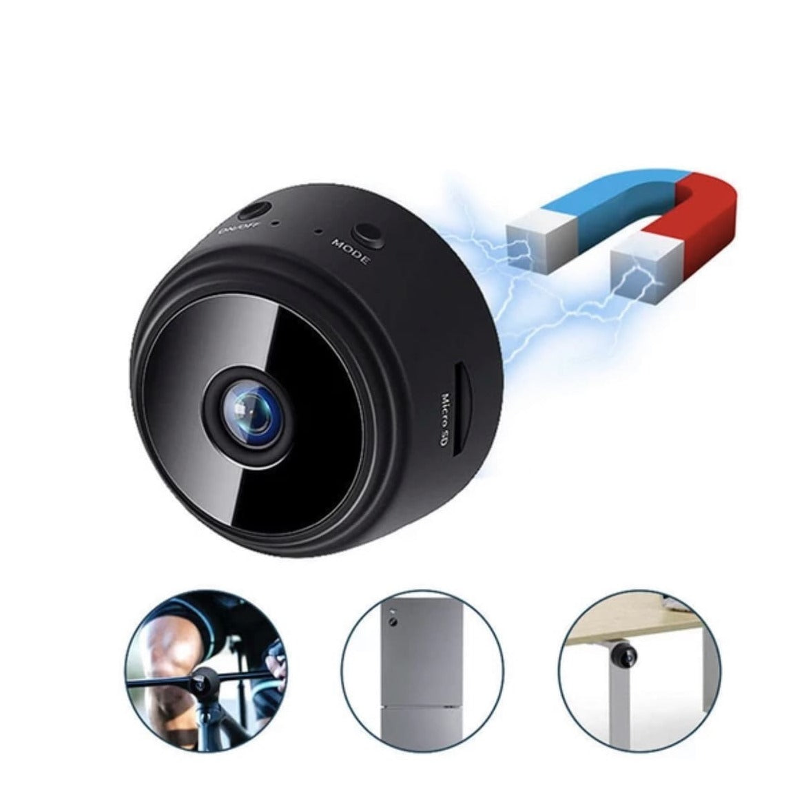 "Mini HD WiFi-kamera med 360° visning og diskret design i sort, passer perfekt til hjemmets sikkerhed."