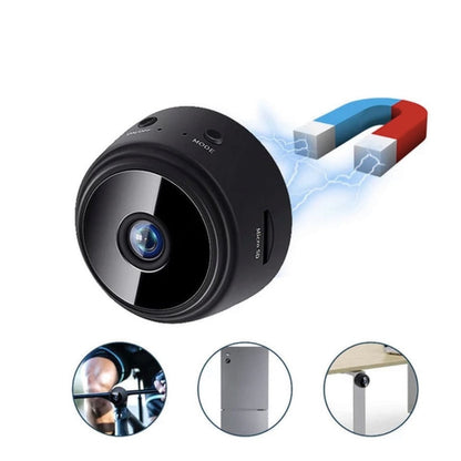 "Mini HD WiFi-kamera med 360° visning og diskret design i sort, passer perfekt til hjemmets sikkerhed."