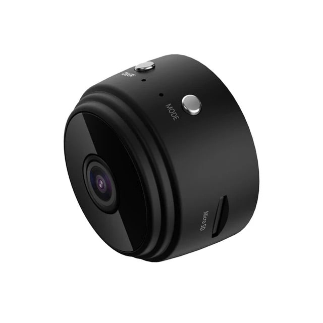 "Mini HD WiFi-kamera med 360° visning og diskret design i sort, passer perfekt til hjemmets sikkerhed."